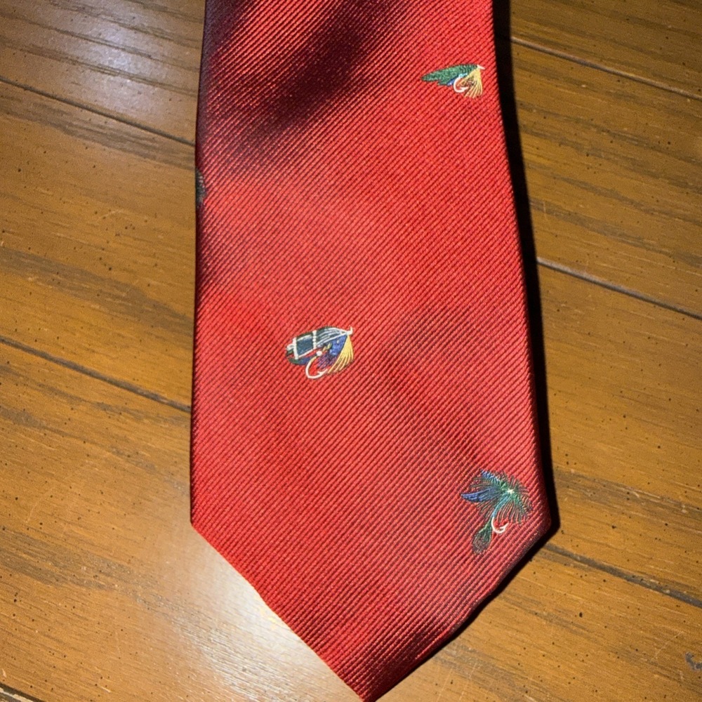 Hathaway Men's Red Silk Blend Tie With Fly Fishing Lures 55" Short